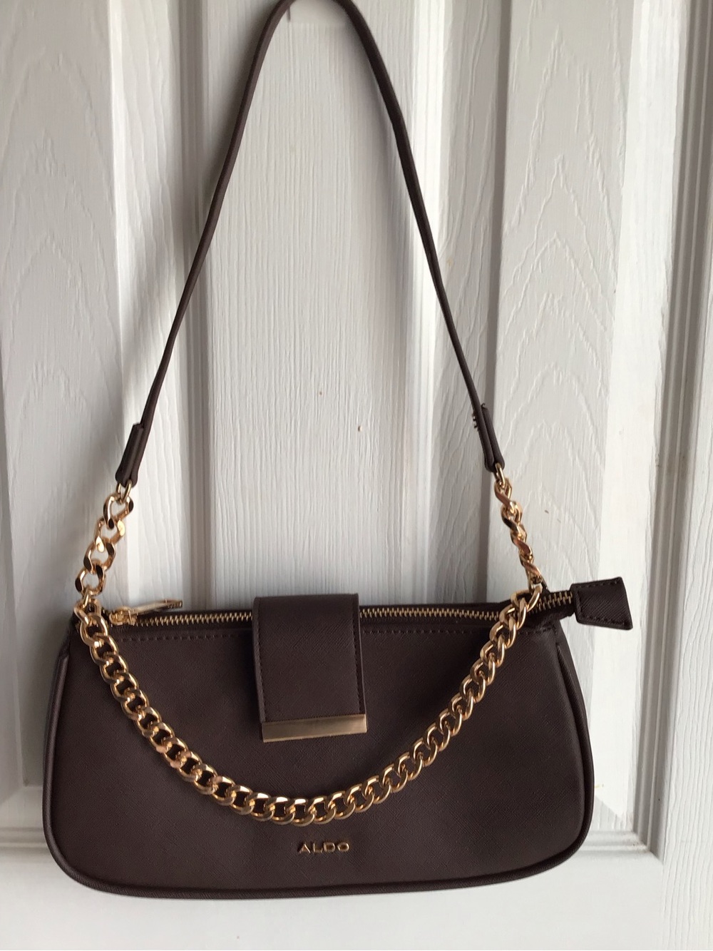 Aldo Dark Brown Shoulder Bag with Gold Chain Accent